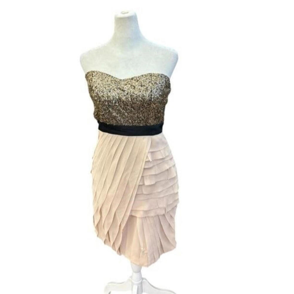 🔥 Gianni Bini Strapless Dress Cocktail Beige Gold Sequins Sz Medium Lined
